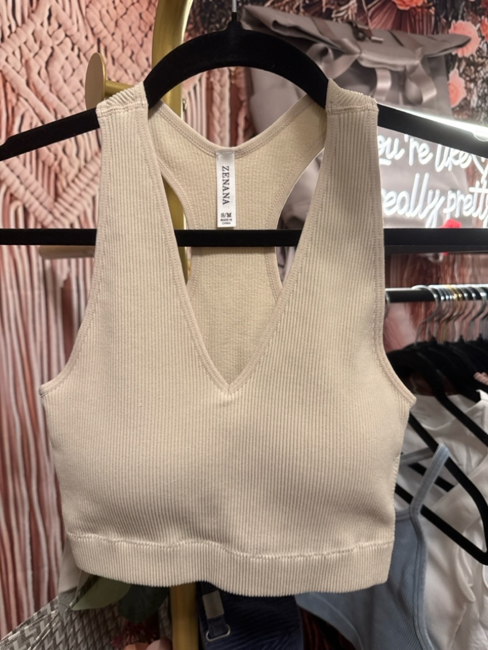 ZENANA Cream Ribbed V-Neck Cropped Tank